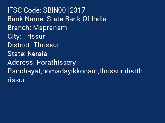 State Bank Of India Mapranam Branch IFSC Code