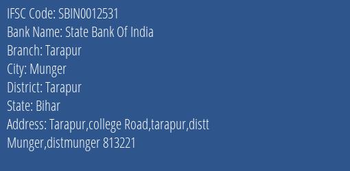 State Bank Of India Tarapur Branch, Branch Code 012531 & IFSC Code SBIN0012531