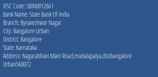State Bank Of India Byraveshwar Nagar Branch Bangalore IFSC Code SBIN0012661
