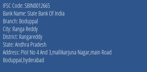 State Bank Of India Boduppal Branch Rangareddy IFSC Code SBIN0012665