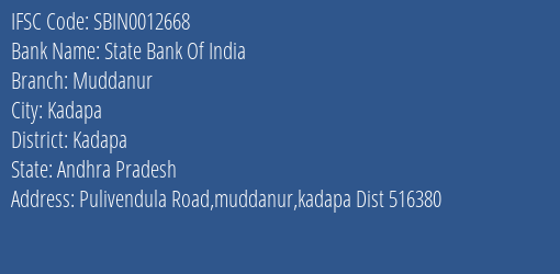 State Bank Of India Muddanur Branch Kadapa IFSC Code SBIN0012668