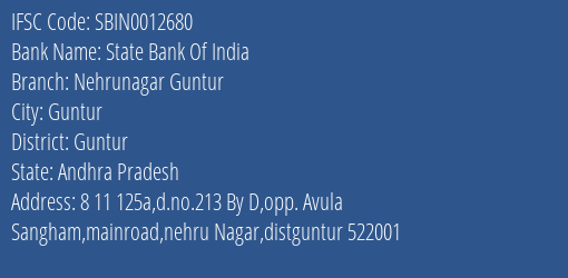 State Bank Of India Nehrunagar Guntur Branch Guntur IFSC Code SBIN0012680