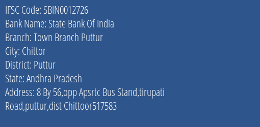 State Bank Of India Town Branch Puttur Branch Puttur IFSC Code SBIN0012726