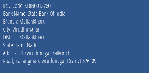 State Bank Of India Mallankinaru Branch Mallankinaru IFSC Code SBIN0012760