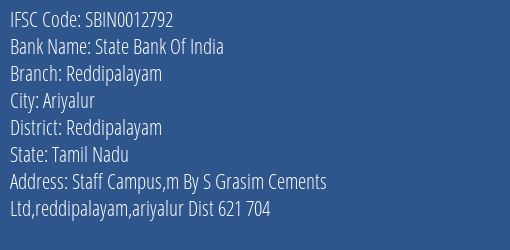 State Bank Of India Reddipalayam Branch Reddipalayam IFSC Code SBIN0012792