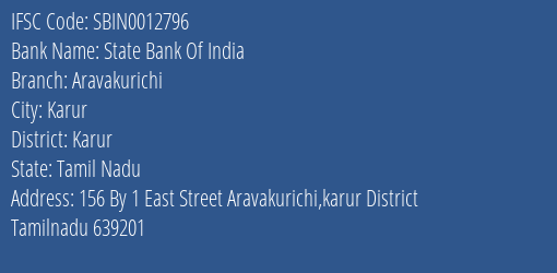 State Bank Of India Aravakurichi Branch Karur IFSC Code SBIN0012796