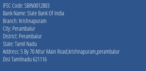 State Bank Of India Krishnapuram Branch, Branch Code 012803 & IFSC Code Sbin0012803