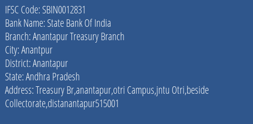 State Bank Of India Anantapur Treasury Branch Branch, Branch Code 012831 & IFSC Code SBIN0012831