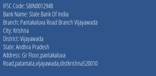 State Bank Of India Pantakaluva Road Branch Vijayawada Branch, Branch Code 012948 & IFSC Code SBIN0012948