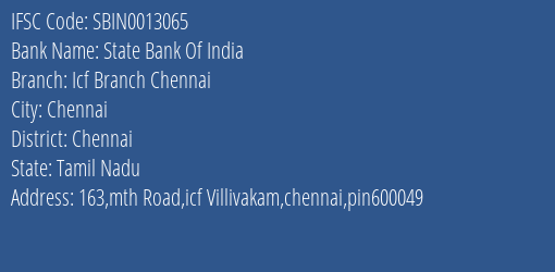 State Bank Of India Icf Branch Chennai Branch Chennai IFSC Code SBIN0013065