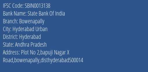 State Bank Of India Bowenapally Branch Hyderabad IFSC Code SBIN0013138
