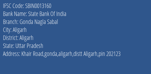 State Bank Of India Gonda Nagla Sabal Branch Aligarh IFSC Code SBIN0013160
