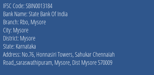 State Bank Of India Rbo Mysore Branch Mysore IFSC Code SBIN0013184
