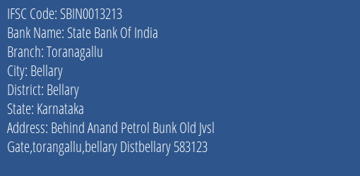 State Bank Of India Toranagallu Branch Bellary IFSC Code SBIN0013213
