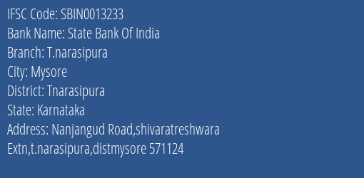State Bank Of India T.narasipura Branch, Branch Code 013233 & IFSC Code Sbin0013233