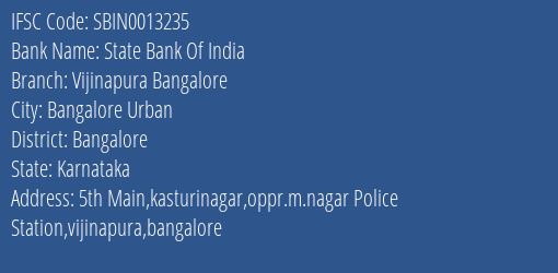 State Bank Of India Vijinapura Bangalore Branch Bangalore IFSC Code SBIN0013235