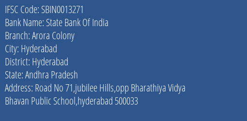 State Bank Of India Arora Colony Branch Hyderabad IFSC Code SBIN0013271