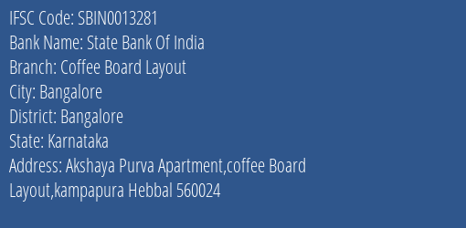 State Bank Of India Coffee Board Layout Branch Bangalore IFSC Code SBIN0013281