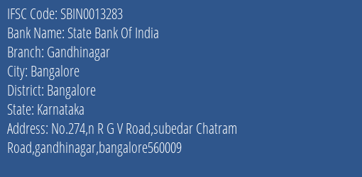 State Bank Of India Gandhinagar Branch Bangalore IFSC Code SBIN0013283
