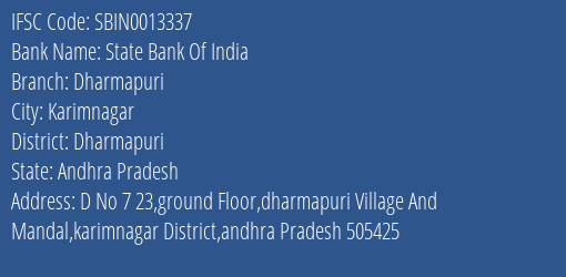 State Bank Of India Dharmapuri Branch Dharmapuri IFSC Code SBIN0013337