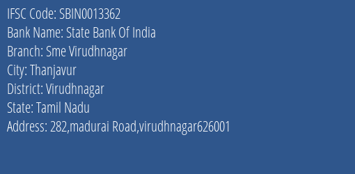 State Bank Of India Sme Virudhnagar Branch, Branch Code 013362 & IFSC Code SBIN0013362