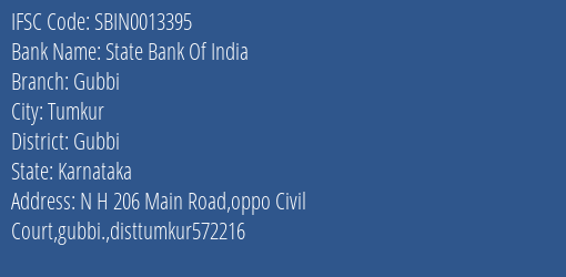 State Bank Of India Gubbi Branch Gubbi IFSC Code SBIN0013395