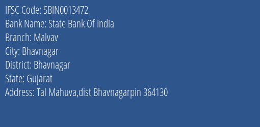 State Bank Of India Malvav Branch, Branch Code 013472 & IFSC Code SBIN0013472
