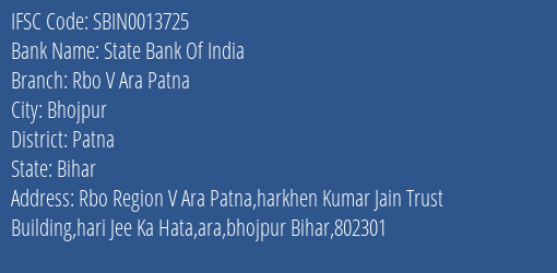State Bank Of India Rbo V Ara Patna Branch Patna IFSC Code SBIN0013725