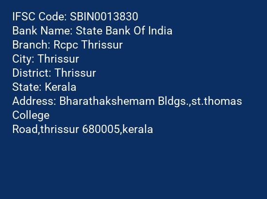State Bank Of India Rcpc Thrissur Branch IFSC Code