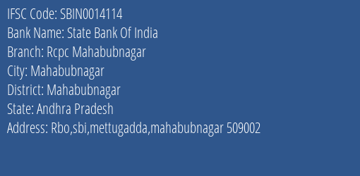 State Bank Of India Rcpc Mahabubnagar Branch Mahabubnagar IFSC Code SBIN0014114
