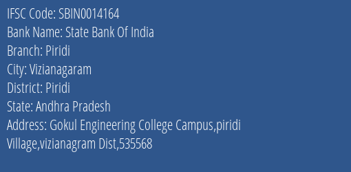 State Bank Of India Piridi Branch Piridi IFSC Code SBIN0014164