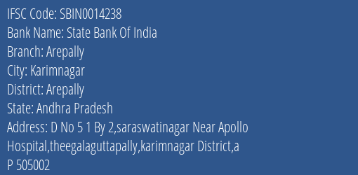 State Bank Of India Arepally Branch Arepally IFSC Code SBIN0014238