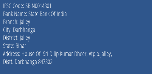 State Bank Of India Jalley Branch, Branch Code 014301 & IFSC Code Sbin0014301