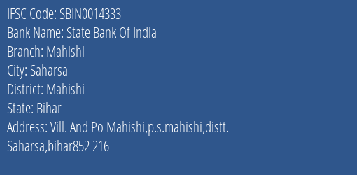 State Bank Of India Mahishi Branch Mahishi IFSC Code SBIN0014333