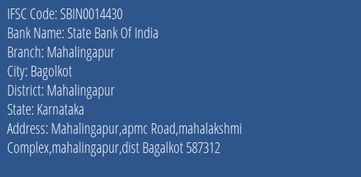 State Bank Of India Mahalingapur Branch, Branch Code 014430 & IFSC Code Sbin0014430