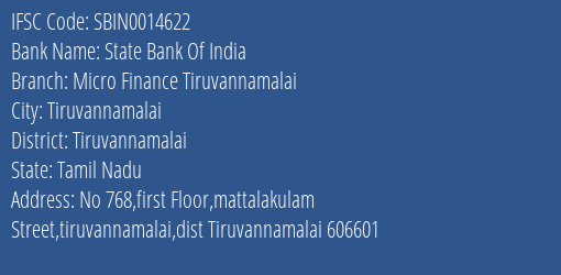 State Bank Of India Micro Finance Tiruvannamalai Branch Tiruvannamalai IFSC Code SBIN0014622