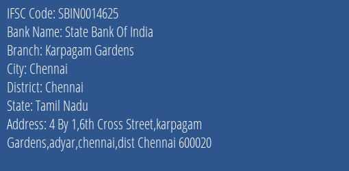 State Bank Of India Karpagam Gardens Branch, Branch Code 014625 & IFSC Code Sbin0014625