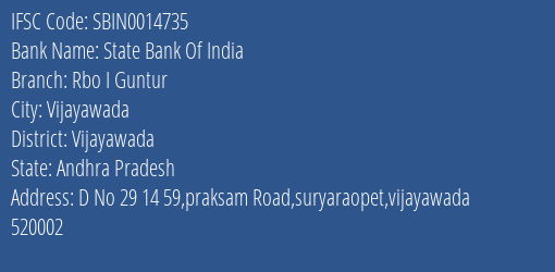 State Bank Of India Rbo I Guntur Branch, Branch Code 014735 & IFSC Code SBIN0014735