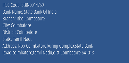 State Bank Of India Rbo Coimbatore Branch Coimbatore IFSC Code SBIN0014759