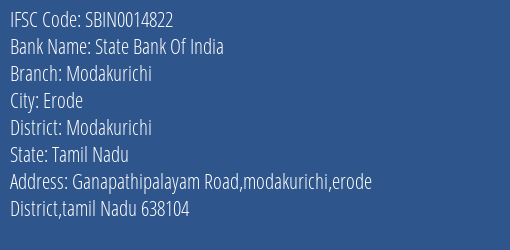 State Bank Of India Modakurichi Branch Modakurichi IFSC Code SBIN0014822