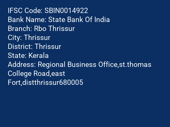 State Bank Of India Rbo Thrissur Branch IFSC Code