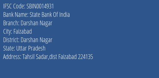 State Bank Of India Darshan Nagar Branch Darshan Nagar IFSC Code SBIN0014931