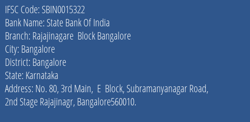 State Bank Of India Rajajinagare Block Bangalore Branch Bangalore IFSC Code SBIN0015322