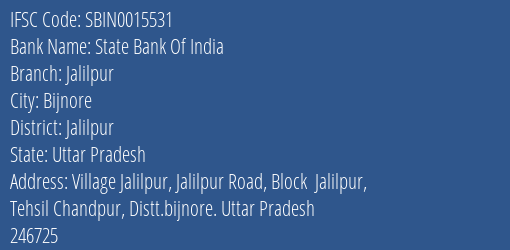 State Bank Of India Jalilpur Branch Jalilpur IFSC Code SBIN0015531
