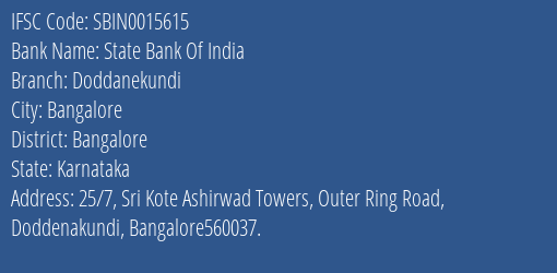 State Bank Of India Doddanekundi Branch Bangalore IFSC Code SBIN0015615