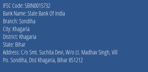 State Bank Of India Sondiha Branch Khagaria IFSC Code SBIN0015732