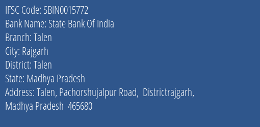State Bank Of India Talen Branch, Branch Code 015772 & IFSC Code SBIN0015772