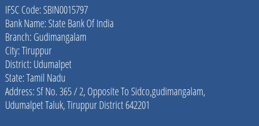 State Bank Of India Gudimangalam Branch Udumalpet IFSC Code SBIN0015797