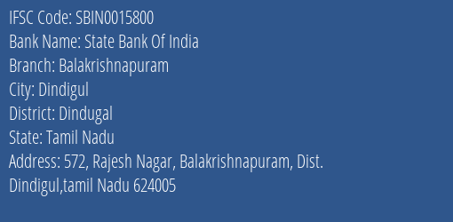 State Bank Of India Balakrishnapuram Branch Dindugal IFSC Code SBIN0015800