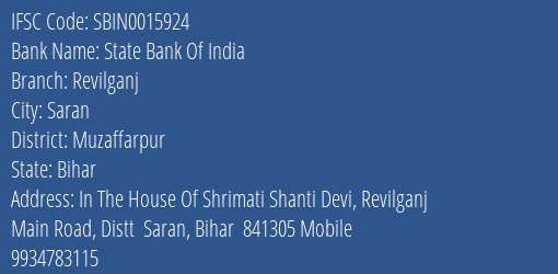 State Bank Of India Revilganj Branch Muzaffarpur IFSC Code SBIN0015924